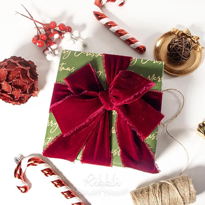 Ribbli Burgundy Velvet Ribbon 2 Inch Handmade Frayed Vintage Christmas Ribbon for Gift Wrapping Christmas Tree Ornament Wreath Craft Home Decor -3 Yards