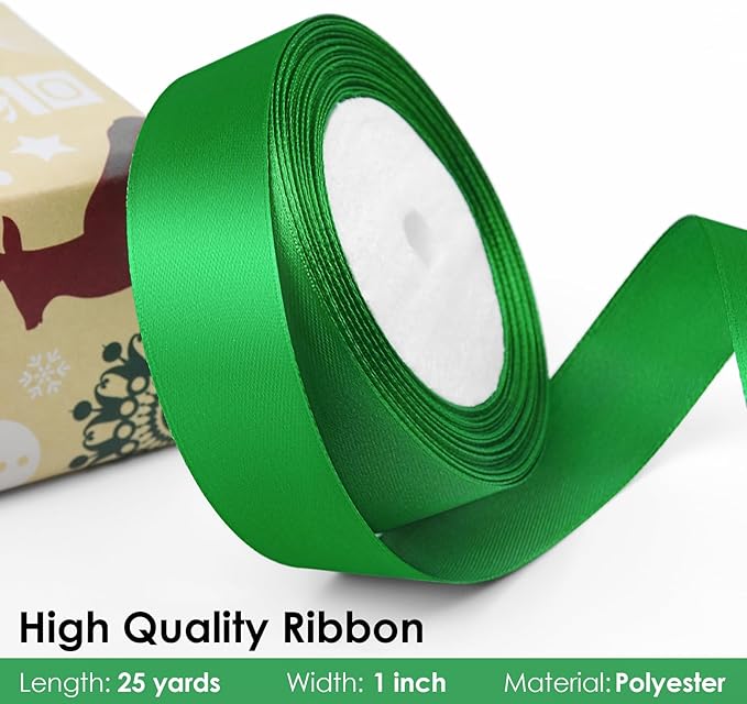 25 Yards 1 inch Satin Ribbon, Solid Color Fabric Ribbon Perfect for Gift Wrapping, Wedding, Handmade Bows, Floral Bouquets and Party Decoration(Green)