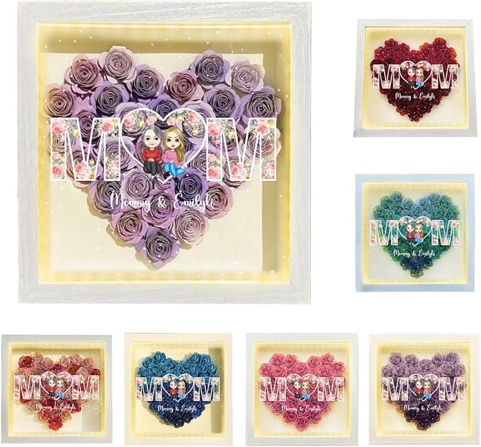 Personalized Mom Flower Shadow Box with LED Light Custom Heart Shaped Rose Flower Shadow Box Frame Mother's Day Mother and Daughter Portrait Shadowbox Memory Gifts for Mom from Daughter Birthday
