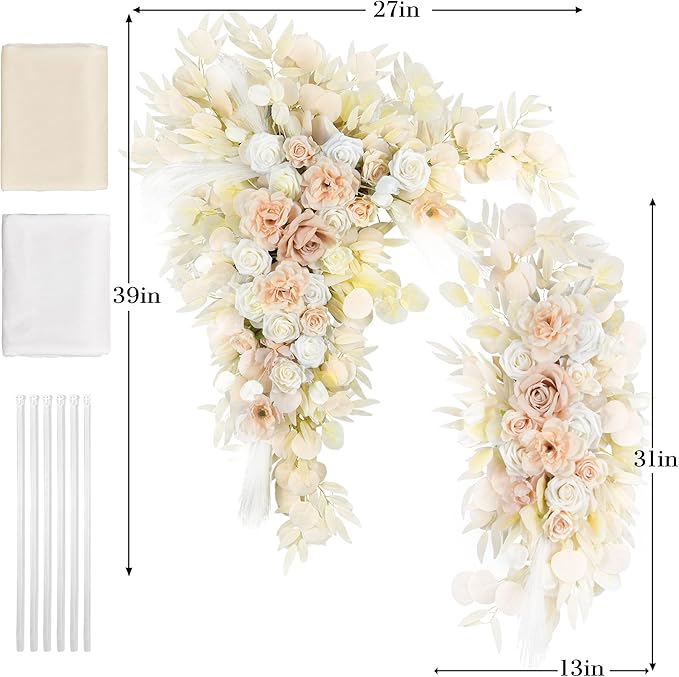 Ting's time Artificial Wedding Arch Flowers Kit(Pack of 4) 2pcs Large Artificial Flower Swags with 2pcs Draping Fabric for Wedding Party Ceremony Decoration(Beige)