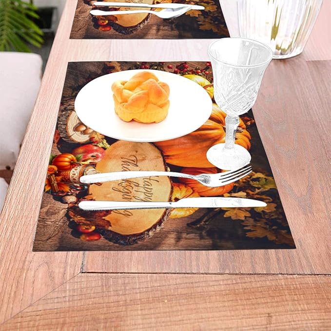 PVC Placemats Set of 6 Wipeable Table Mats Washable Heat Resistant Non Slip Vinyl Dining Table Mat for Kitchen Indoor Outdoor Patio Farmhouse Place Mats Thanksgiving Pumpkin Decorate Decorative