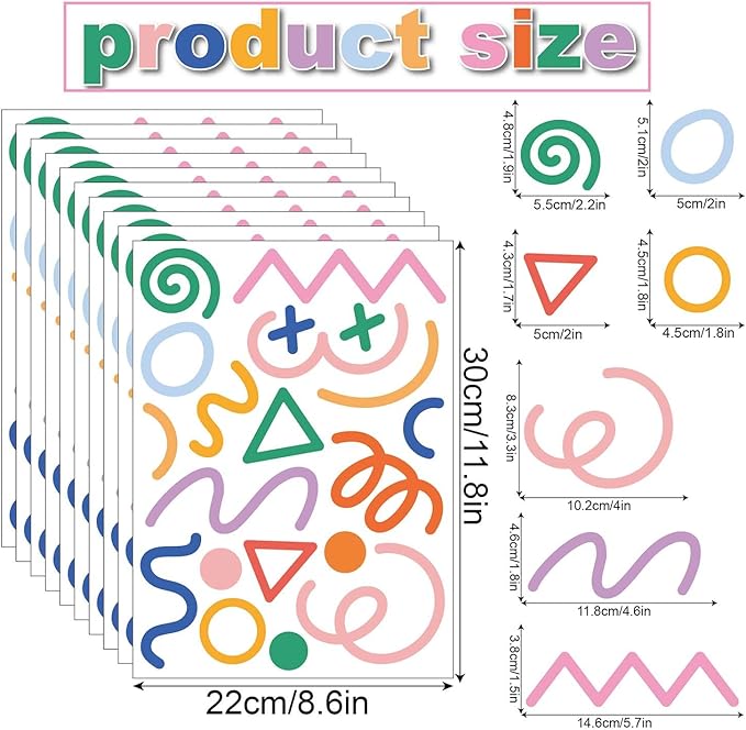 200 Pcs Geometric Wall Stickers (Irregular Lines/Triangles/Dots) - 10 Sheet Waterproof Removable Decals for Kids Room, Classroom, Nursery & Home Decor - Multi-Color DIY Art Decoration
