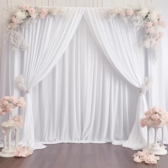 White Backdrop Curtains 2 Panels, 10 Feet Wrinkle-Free Polyester Photography Backdrop Drapes for Wedding Baby Shower Party Background Backdrop Stand- 8FTX10FT (White)
