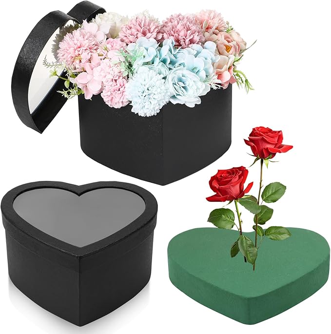 Nuenen Heart Shaped Flower Gift Boxes, Floral Gift Box with Lids Floral Foam Clear Cellophane 9.8 x 9 x 5 Inches for Birthday Wedding Proposal Packaging Arrangements(Black)