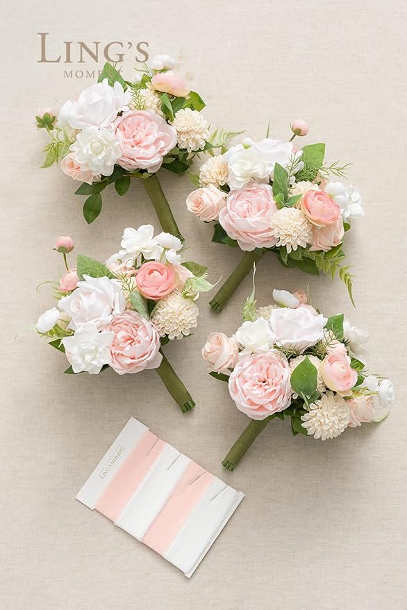 Ling's moment Artificial Flowers Pink Bridesmaid Bouquet Set of 4, Blush & Cream Wedding Flowers Bouquets for Bridesmaids, 7 Inch Bridal Bouquets for Bridesmaids, Wedding, Ceremony, Anniversary, etc