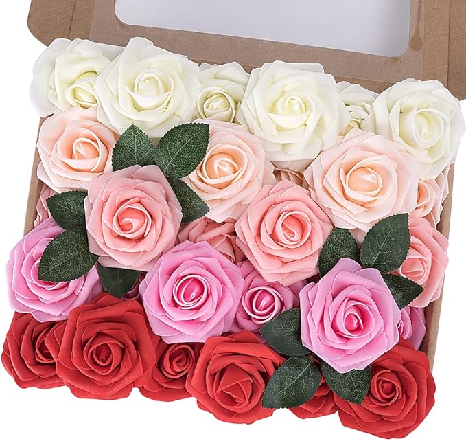 MACTING Artificial Rose Flowers 30PCS Fake Flowers with Stem Real Touch Soft Foam Rose for Valentines Day Gifts Wedding Bouquet Baby Shower Table Centerpieces Spring Decorations,Gradual Red Series