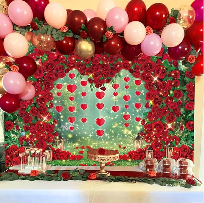 Valentine's Day Backdrop Red Rose Love Heart Garden Photography Background Floral Wedding Bridal Shower Birthday Party Decorations Photo Banner Props (120x96inch(10x8FT))