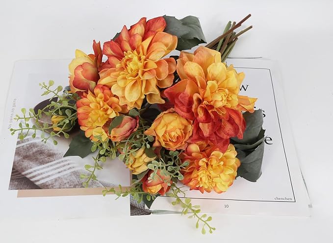 Orange Dahlia Peonies Artificial Flowers 2 Bouquets Dahlia Combo Peony Silk Flowers 18stems Faux Flowers for Vase Home Tables Wedding Bouquets Centerpieces Bridal Shower Decor (Orange)