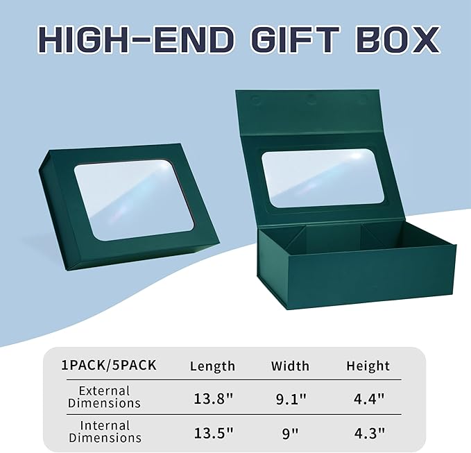 TIACABO Green Large Gift Box with Window, 13.5"x9"x4.3" Bridesmaid Boxe for Gifts Giving,Birthday Gift Boxes with Magnetic,Closure Lid Gifts Box for Presents,Cute Boxe,Luxury for Gift Packaging
