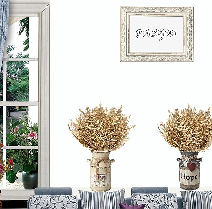 PASYOU Golden Fake Plants, Artificial Flowers Decoration for Christmas Plastic Boston Grass Faux DIY Crafts Indoor Outdoor Home Garden Party Room Bedroom Wedding Table Centerpiece Decor, Gold 4 Pack