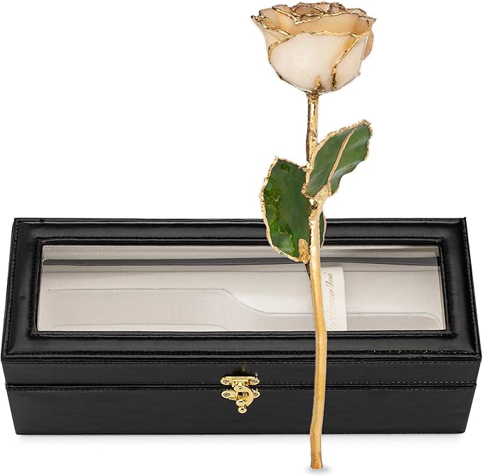 Forever Rose Hand-Dipped in 24K Gold, Diamond-Inspired April Birthstone with Sparkles, Real Rose in Leather Case with LED Light – Perfect Ready to Gift for April Birthday or Any Occasion