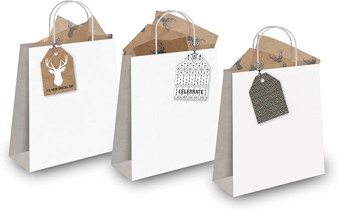 Pro Supply Global 24 Count of 2.5 Inch x 3 Inch Pre Strung Deer Heads Gift Tag Assorted Printed Designs on Large Cardstock Gift Hang Tags - Ideal to Use on Bags