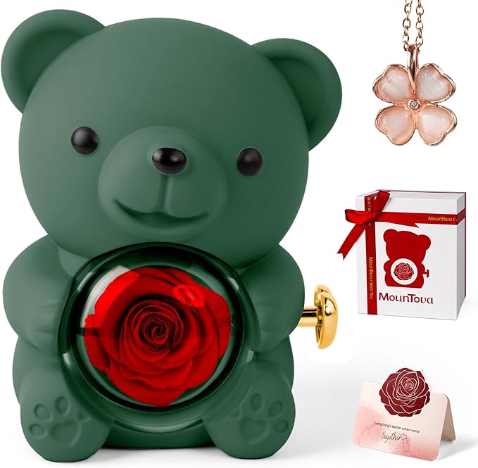 Cute Teddy Bear with Preserved Rose - A Real Rose Flower in Bear with Elegant Gift Box Romantic Gift for Mother's Day, Weddings, Anniversaries, Bridal (Green)