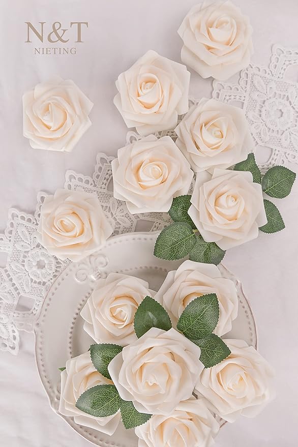 N&T NIETING Artificial Flowers, 25pcs Fake Flowers Bulk Perfect for DIY Fall Wedding Bridesmaid Bridal Bouquets Centerpieces Party Home Flower Arrangement Decoration, Cream Roses