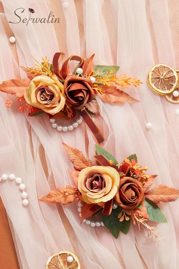 Serwalin 𝗦𝗲𝘁 𝗼𝗳 𝟮 Wrist Corsage for Wedding, 𝟲-𝟳 𝗜𝗻𝗰𝗵 Corsages for Bridesmaid Mother Grandmother, Artificial Flowers for Prom Ceremony Anniversary Cake Topper (Orange)