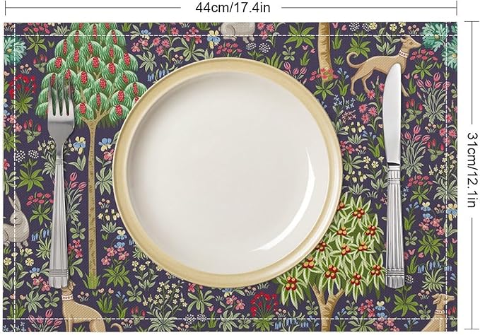 William Morris Placemats Boho Rural Farmhouse Vintage Flower Art Printed Dining Table Mats Set of 4 for Home Kitchen Holiday Picnic Party Decor 12x18in