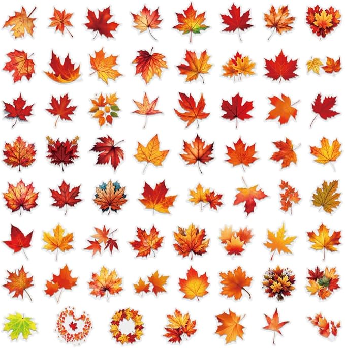60 Pcs Fall Maple Leaf Stickers, Transparent Autumn Thanksgiving Stickers, Waterproof PET Vinyl Decals for Journaling, Scrapbooking, Laptop, Water Bottle, Gift Tags, Seasonal Decor