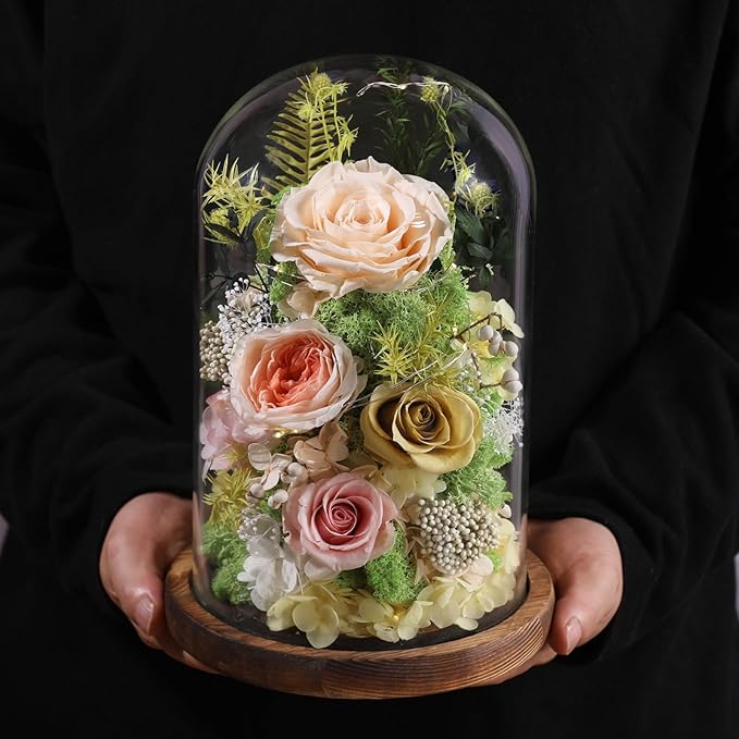 Flowers for Delivery Preserved Flowers Rose in Glass Dome,Champagne Rose Forever Flowers Birthday Gifts for Women Mom Grandma Friend Gifts for Her,Home Decor
