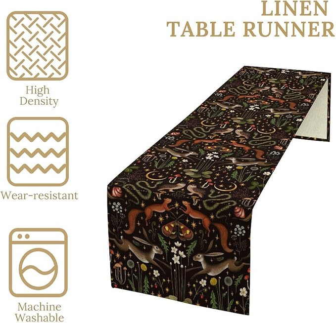 Rustic Forest Table Runner, Fairy Tale Forest Woodland Wild Animals Moths Flowers Table Runner for Farmhouse Cottage Kitchen Dining Table Decor Indoor Outdoor Party, 13x70inch