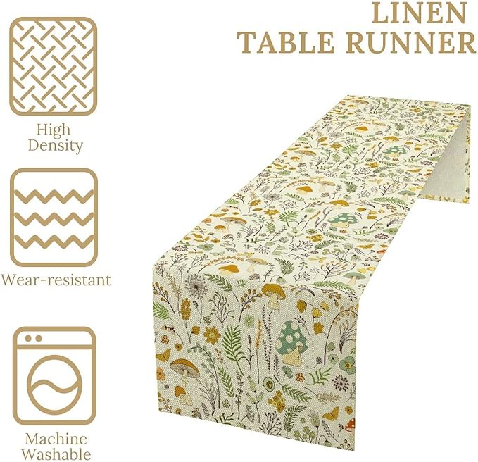 Wild Mushroom Table Runner, Vintage Botanical Rustic Retro Wildflower Herbs Plants Green Mushroom Table Cover for Home Kitchen Dining Decor Indoor Outdoor Party, 13x36inch