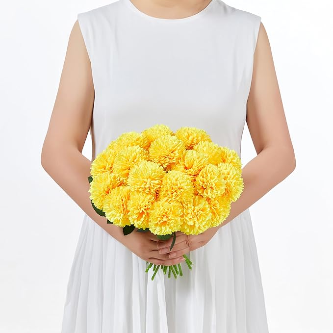 SITUMEIZI 12 Pcs Yellow Artificial Chrysanthemums Flowers Ball Flower Fake Mums Silk for Fall Thanksgiving Day Wedding Home Kitchen Decoration Floral Arrangement