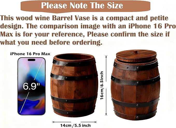 Wood Wine Barrel Vase 6" x 5" – Mini Barrel Rustic Wooden Flower Vase Planter for Wedding Reception, Party Table Decoration,Home Indoor Outdoor Garden, Kitchen,Planting (1)