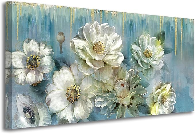Ardemy Floral Canvas Wall Art for Living Room Large Magnolia White Flowers Teal Picture Bedroom Wall Decor Textured Painting Modern Turquoise Artwork Dining Room Home Office, Extra Large 58"x29"