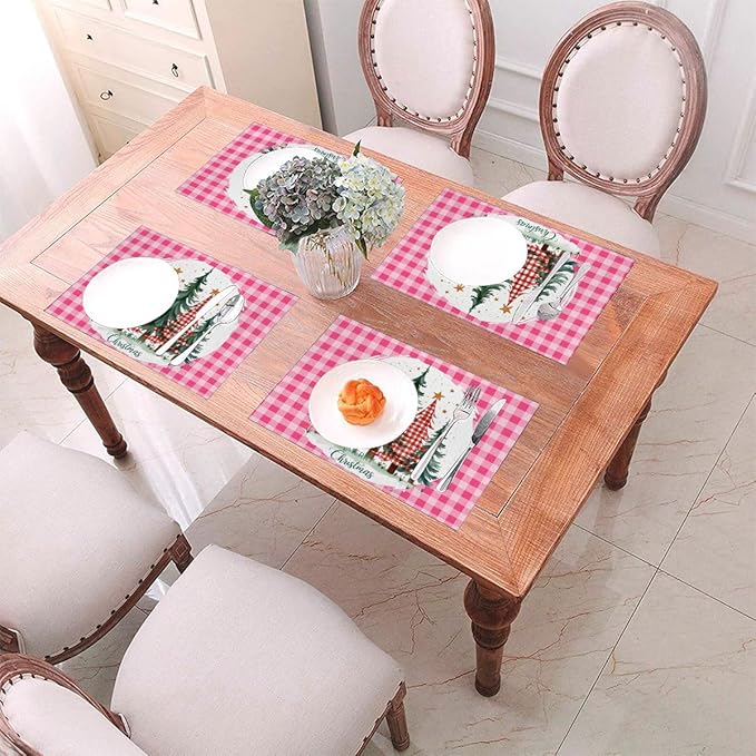 PVC Placemats Set of 4 Wipeable Table Mats Washable Heat Resistant Non Slip Vinyl Dining Table Mat for Kitchen Indoor Outdoor Patio Farmhouse Place Mats Pink Grid Christmas Tree Decorative