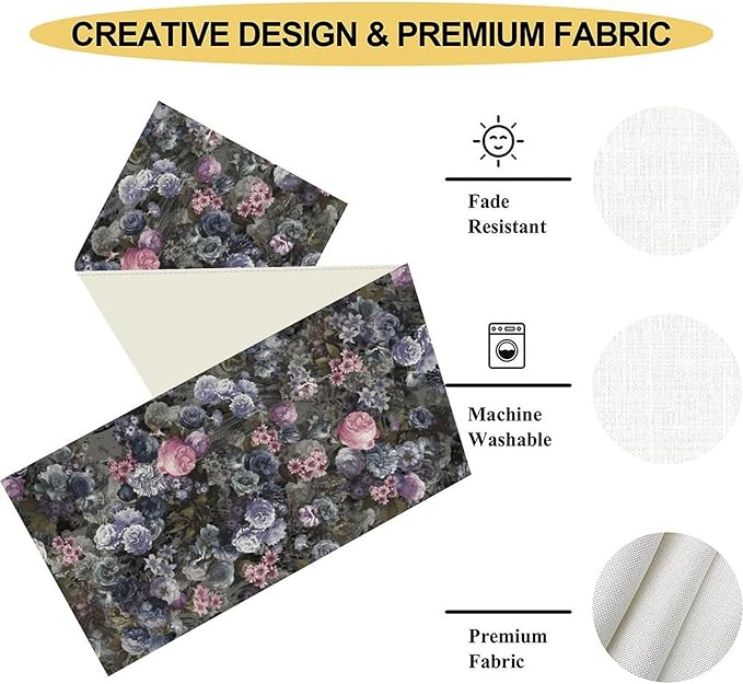 Vintage Floral Table Runner, Gothic Pink Blue Floral Boho Flower Garden Botanical Spring Seasonal Print Table Center Decor for Family Kitchen Table Decorations Indoor Outdoor 13x72 inch