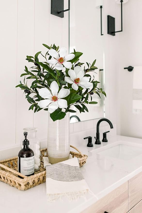 Briful Faux Greenery Stems 27in Artificial Olive Branches with Magnolia Flowers Spray Mixed Floral Greenery Bouquet for Home Vase Table Centerpiece Wedding Decoration