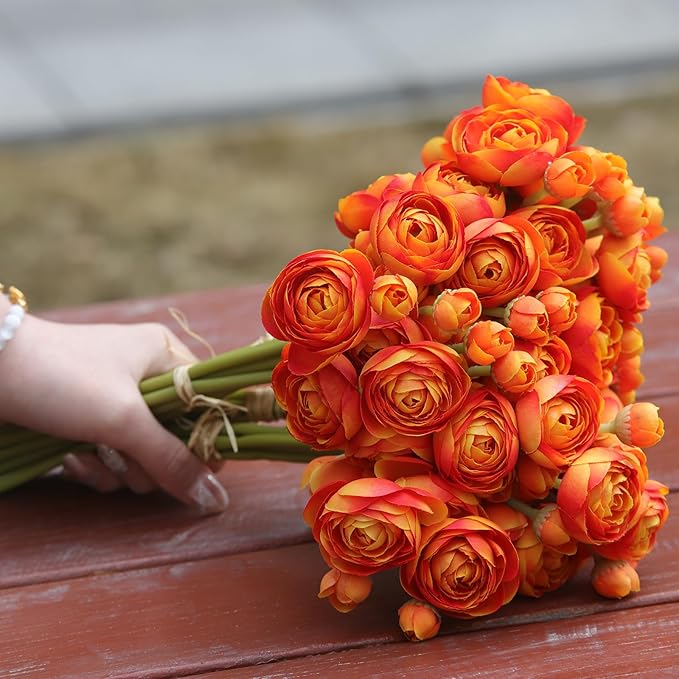 24 Pcs Ranunculus Artificial Flowers 10.5", Mini Faux Silk Ranunculus with Stem, Fake Flowers for Home Decor Indoor Wedding Bouquets Centerpieces (Orange)