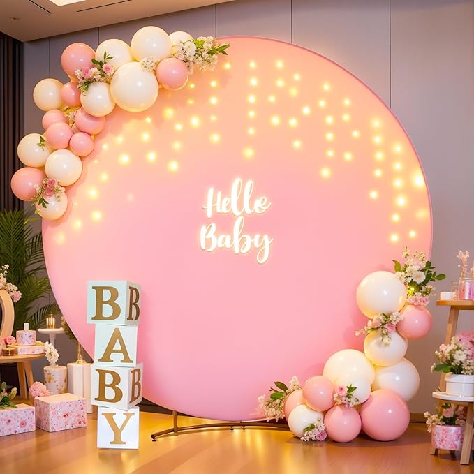 6.6 FT Pink Round Backdrop Cover with Lights String for Circle Arch Stand Circle Backdrop Covers with LED Fairy Lights for Wedding Baby Shower Girls Birthday Party Photo Shoot Photography Background
