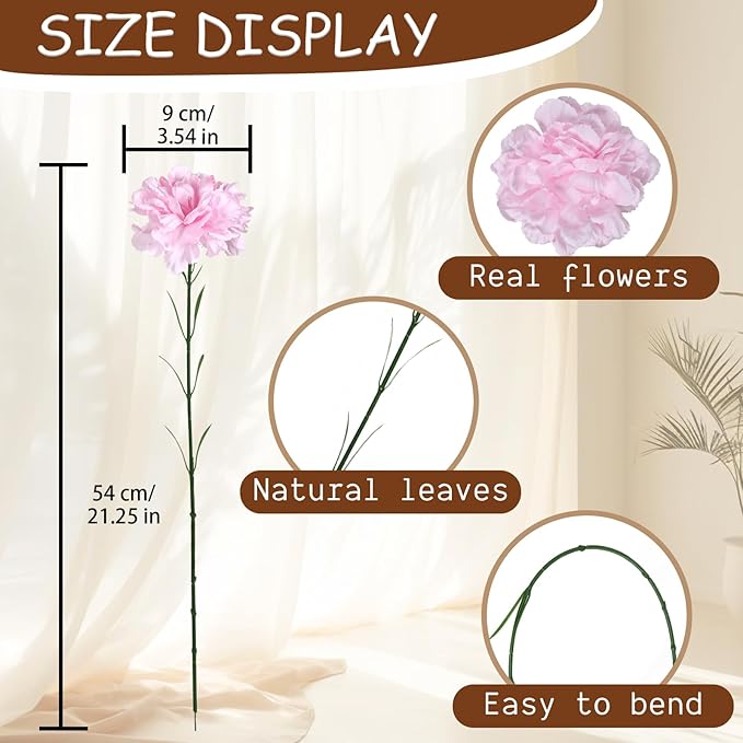 Pink Carnations Artificial Flowers 15PCS Carnations Flowers Silk Flowers 21.25in Fake Flowers for Wedding Home Table Centerpieces Floral Arrangements(Light Pink)
