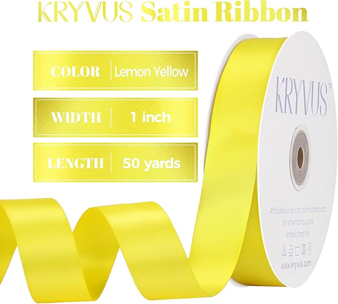 Lemon Yellow Satin Ribbon, Double Faced 1 Inch X 50 Yards Lemon Yellow Ribbon, Premium Satin Ribbon for Gift Wrapping, Crafts, Hair Bow Making, Sewing, Flower Bouquet, Wedding Party Decor
