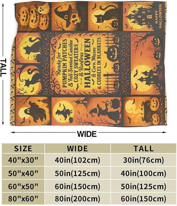 Halloween Blanket Gothic Witch Throw Blanket Pumpkin Soft Cozy Fleece Black Cat Fuzzy Stuffed Plush Ghost Skull Flannel Gifts for Girls Women Boys Kids Adults 40''x50''