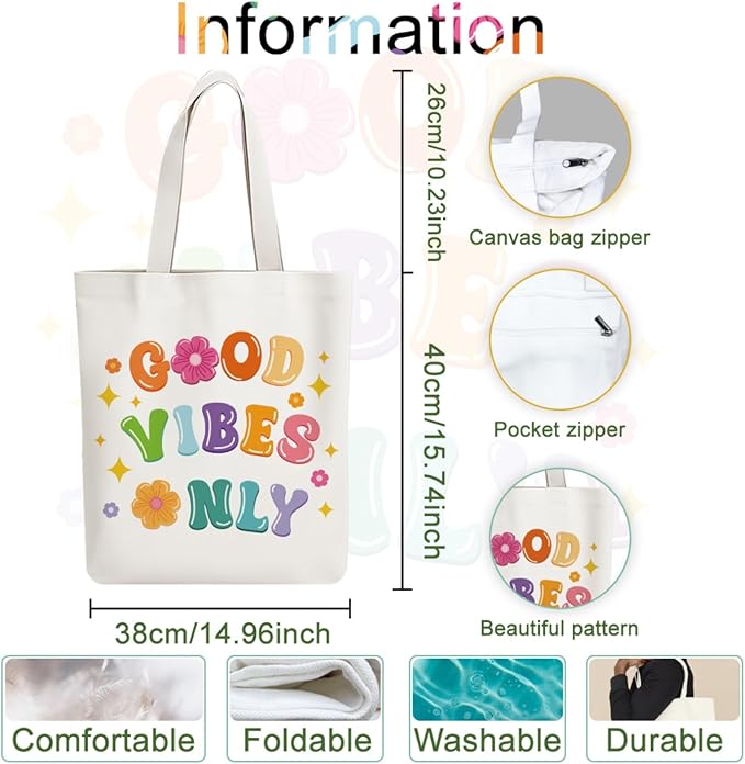 ANATTASOUL Canvas Tote Bag Color Boho Letter Reusable Cotton Bag for Women, Durable Cloth Shoulder Bags with Zipper Pockets for Shopping, Vacation, Work, Gym