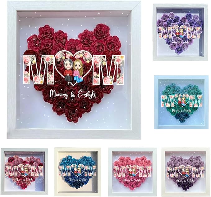 Personalized Mom Flower Shadow Box Custom Heart Shaped Rose Flower Shadow Box Frame Mother's Day Mother and Daughter Portrait Shadowbox Memory Gifts for Mom from Daughter Christmas Birthday