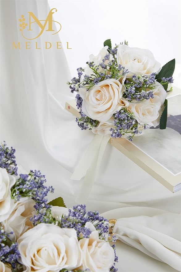 Meldel 6.5 Inch Ivory Bridesmaid Bouquets, Set of 2, Small Rose Artificial Wedding Bouquet Centerpiece Decorations for Wedding