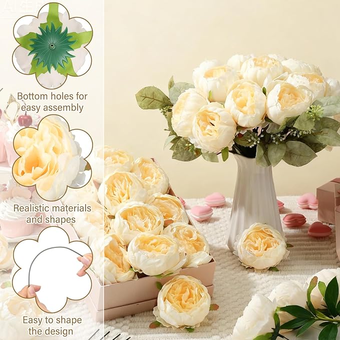 50 Pcs Artificial Peony Flower Bulk 3.5 Inch Silk Peony Flowers Heads with Stems Realistic Fake Roses for DIY Wedding Party Craft Bridal Bouquets Table Centerpieces Vase Home Decor(Champagne)
