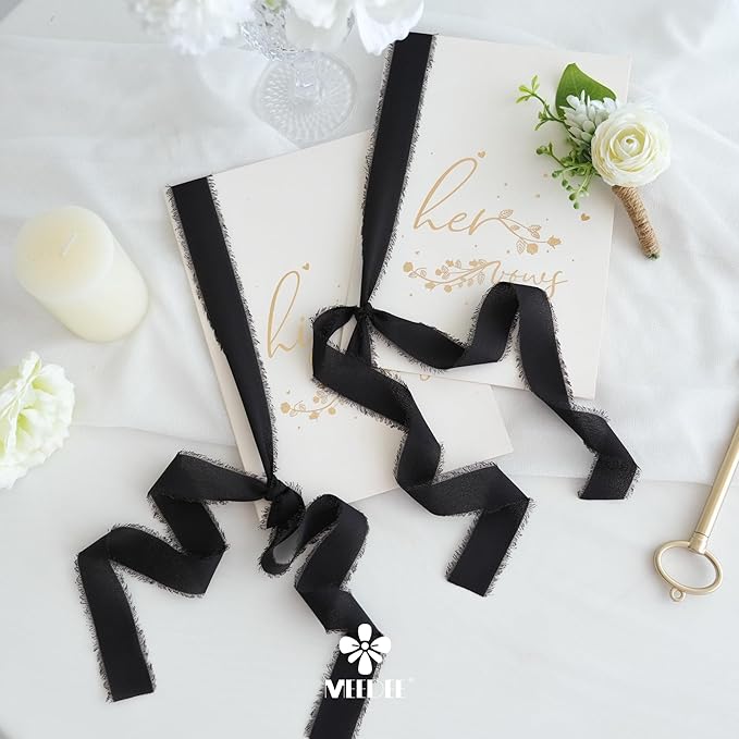 MEEDEE Black Chiffon Ribbon 1 Inch Frayed Ribbon Chiffon Silk Ribbons Black Fringe Thin Chiffon Ribbons for Crafts, Gift Wrapping, Wedding Invitation (3 Rolls 21 Yards)
