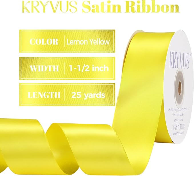 Lemon Yellow Satin Ribbon, Double Faced 1-1/2 Inch X 25 Yards Lemon Yellow Ribbon, Premium Satin Ribbon for Gift Wrapping, Crafts, Hair Bow Making, Sewing, Flower Bouquet, Wedding Party Decor