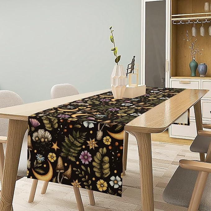 Vintage Mushroom Table Runner, Rustic Botanical Flowers Fern Moon Star Print Table Runner for Home Kitchen Dining Table Decoration Indoor Outdoor Party, 13x36inch