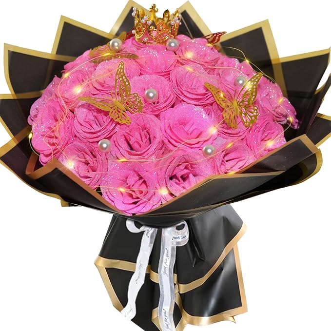 Pink Glitter Roses Bouquet, 36 Pcs Shiny Glitter Flowers Bouquet, Everlasting DIY Artificial Roses Bouquet for Christmas, Birthday, Anniversary, Wedding, Engagement