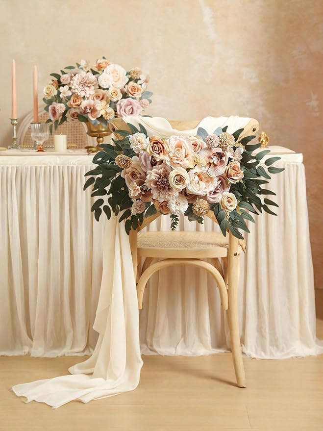 Artificial Flowers Set Champagne Coffee Silk Fake Flowers with Stems for DIY Wedding Bridal Bouquets Cake Arch Floral Arrangement Table Centerpieces Baby Shower Party Home Decorations