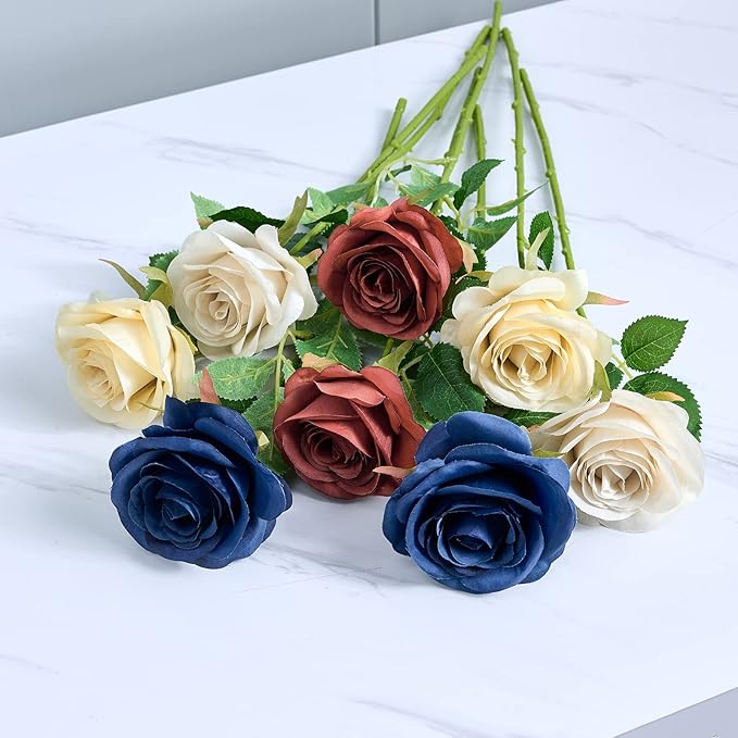 12pcs Rust Orange Rose Artificial Flowers Faux Roses Silk Roses Orange Silk Flowers with Long Stems for Wedding Baby Shower Home Decor Party Centerpieces Table Decorations