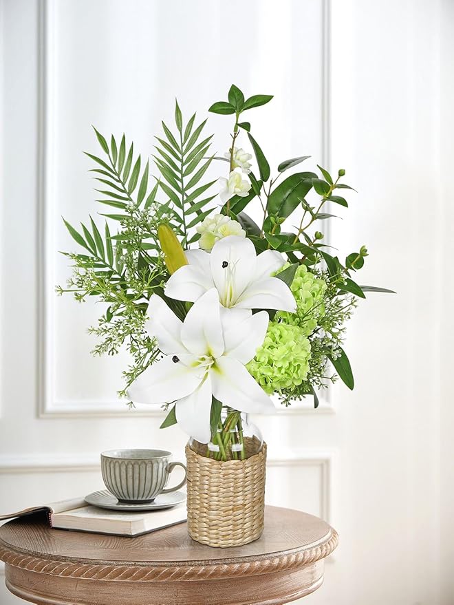 Hollyone Fake Flowers with Vase, Easter Lily Flowers, White Silk Tiger Lily and Hydrangea Artificial Flowers in Vase, Faux Plants and Flowers Arrangement Bouquets for Table Centerpieces Home Decor