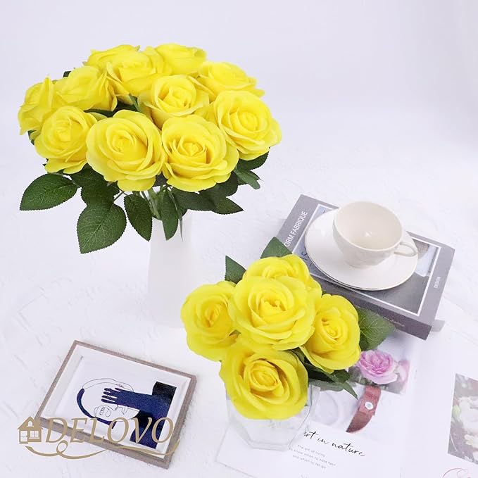 52pcs Yellow Roses Artificial Flowers Fake Flowers Silk Roses with Stems for DIY Wedding Bouquets Bridal Shower Centerpieces Arrangements Party Decorations
