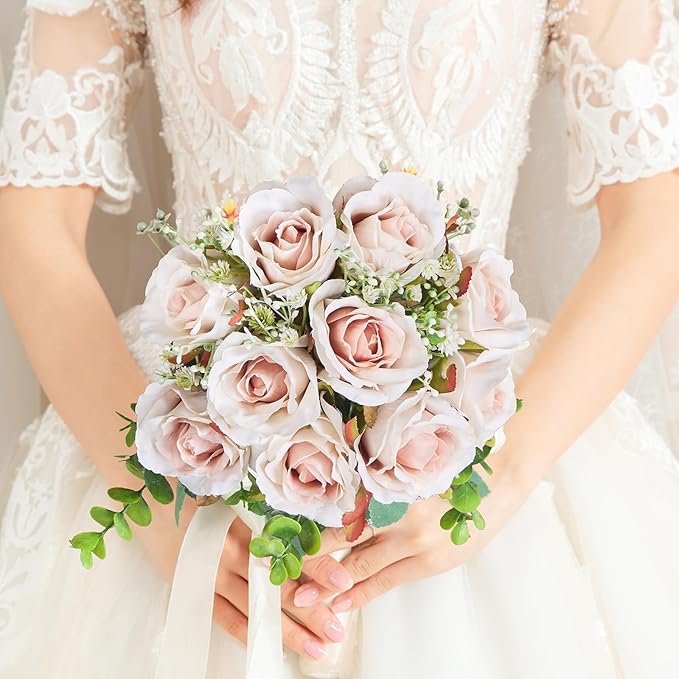 Pink Champagne Roses 10 in, Fake Flowers Wedding Bouquets for Bride, Wedding Silk Artificial Flowers 10pcs for Wedding Party, Ceremony, Anniversary & Home Decor (Come with 3 Styles of 4.5 ft Ribbons)