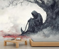 Grim Reaper Sitting Tree Wall Mural, Gothic Death 3D Wall Murals, Gothic Halloween Themed Wallpaper Mural, for Living Room Bedroom Large Wallpaper Indoor Decor 169.3" W x118.2 H