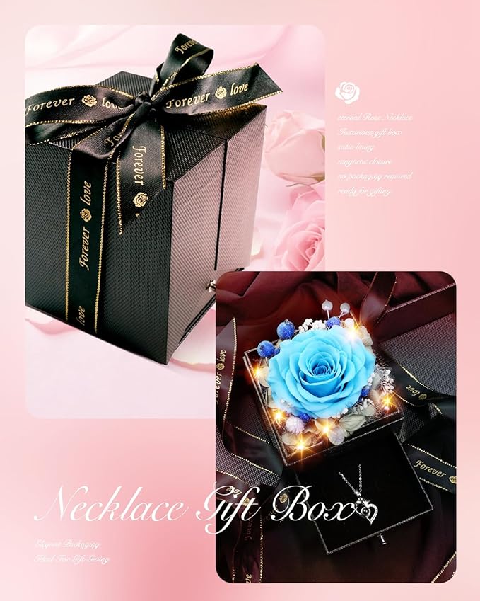 Birthday Gifts for Women, Preserved Real Roses with Heart Necklace I Love You in 100 Languages, Anniversary Wedding Gifts for Women Her Girlfriend Wife, Forever Roses Necklace Gift Box SkyBlue